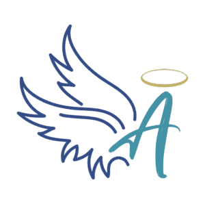 Picture of hand drawn angel wings with a teal cursive capital A with a halo on top