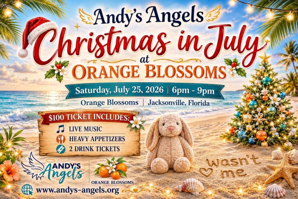 Christmas in July at Orange Blossoms, Jacksonville, FL. Saturday, July 25th from 6 to 9 pm. One hundred dollar ticket includes live music, heavy appetizers, and 2 drink tickets.