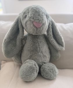 Picture of the bunny "Shaggy". A plush long-eared gray bunny rabbit with a pink nose